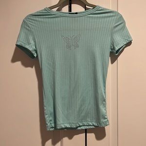 RUE21 Size M Teal Rhinestone Butterfly Tee Y2K aesthetic